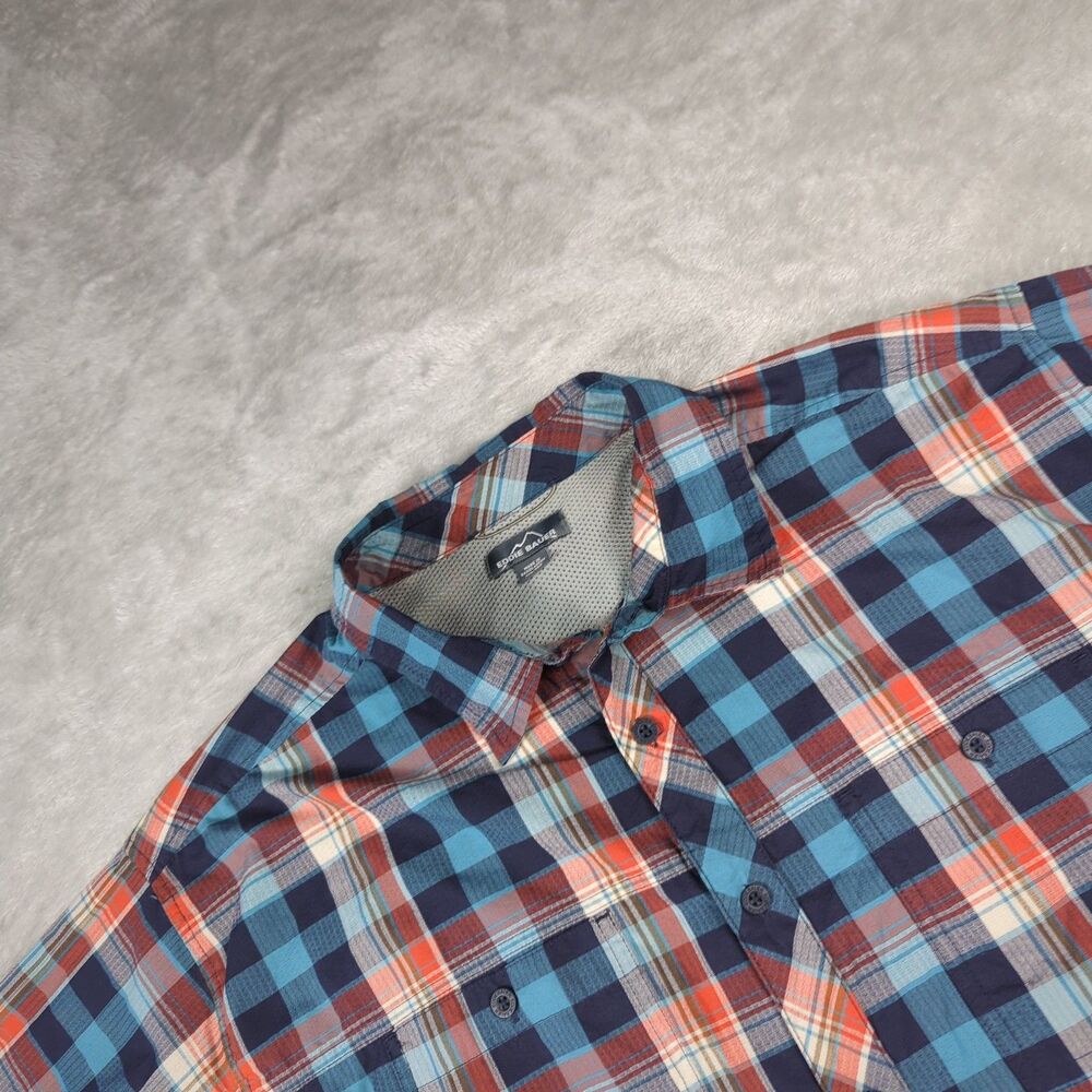 Eddie Bauer Men XXL Plaid Short Sleeve Button Up Shirt Blue Orange Mesh Yoke 2XL